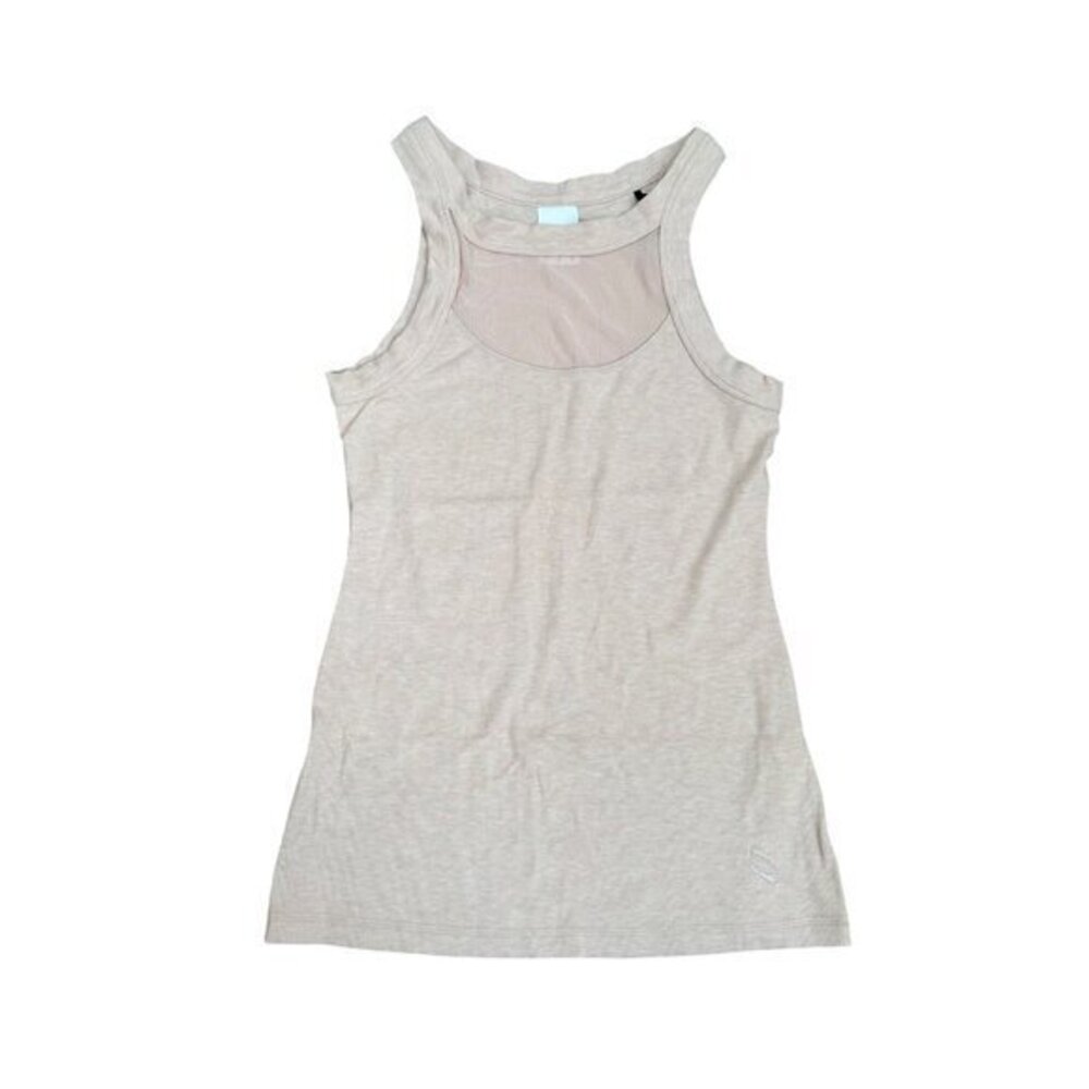 Womens Ribbed Racerback Tank Top Beige Sleeveless Lightweight Stretchy Mesh Deta